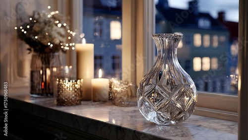 Wallpaper Mural A cut crystal decanter on a marble windowsill, with candles and twinkling fairy lights. Concept Crystal decanter close-up, Marble windowsill glow, Candlelight and fairy lights, Soft reflections Torontodigital.ca