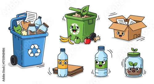 Collection of cartoon recycling bins and containers with happy faces.