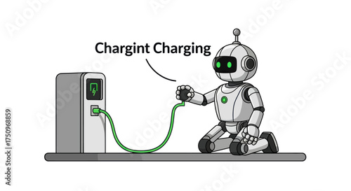 Robot Charging Electric Vehicle at Charging Station with Green Cable.