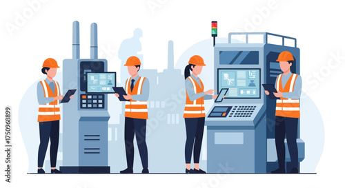 A team of factory workers in safety gear operating modern industrial machinery and control panels.