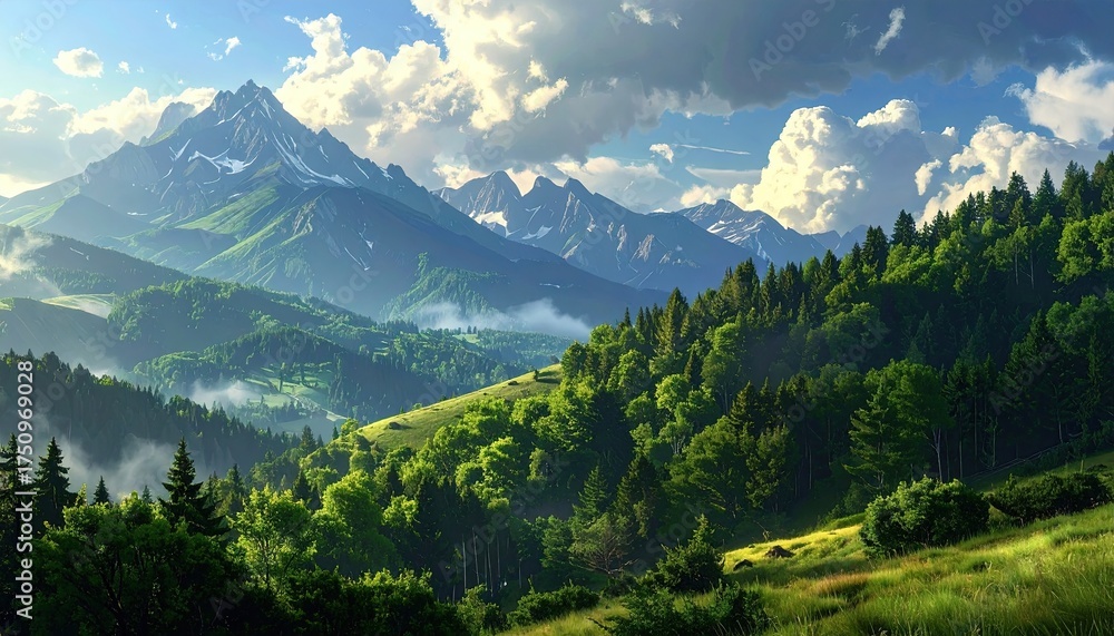 Fototapeta premium Pixelated Mountain Landscape with Dense Green Forest and Snowy Peaks Under Cloudy Blue Sky Detailed Digital Art Serene Outdoor Scenery
