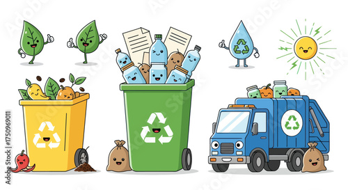 Cute cartoon characters promoting recycling and environmental awareness.
