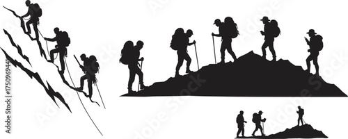 Mountaineering vector silhouettes of hikers climbing mountains, trekking with backpacks, using ropes, teamwork adventure, outdoor exploration, hiking ridge, mountain peak illustration
