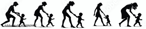 vector silhouette of mother training baby to walk