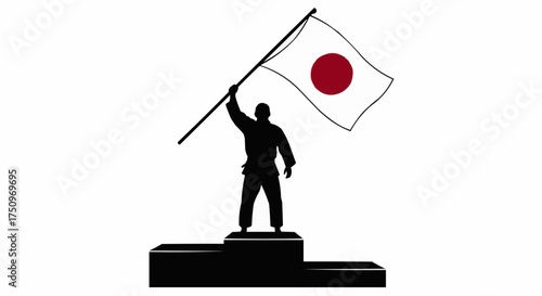 Triumphant martial artist on podium holding Japan flag after winning match