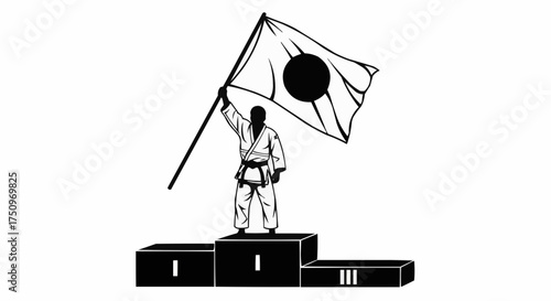 Triumphant judoka champion celebrates victory with Japanese flag on podium