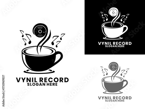 Coffee music audio logo design vector. Black disc with a cup of coffee logo design vector template