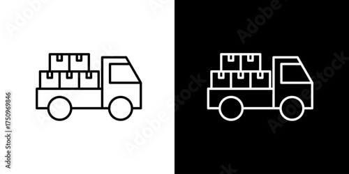 Delivery truck icon with stacked boxes in white on black and black on white backgrounds
