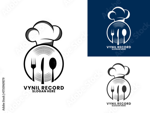 Kitchen music logo design. Vinyl record with chef hat and cutlery logo design vector template