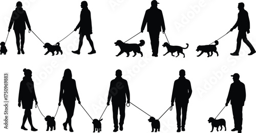 Dog walking vector silhouettes of people with pets on leash, outdoor activity, daily routine, pet care, exercise, companionship illustration design