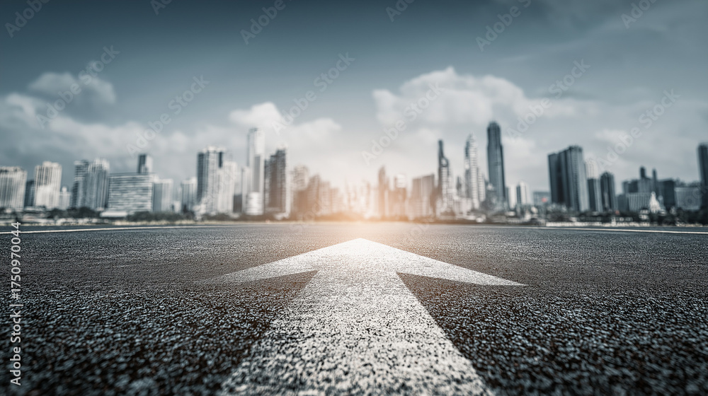 Obraz premium Arrow Pointing Towards Urban Skyline: Cityscape Perspective for Business Strategy and Future Growth Concepts