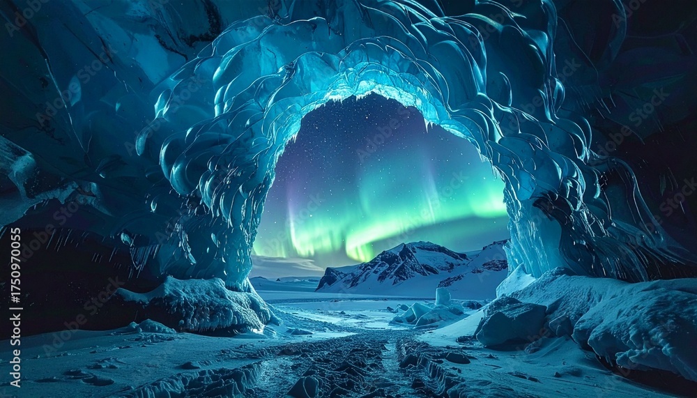 custom made wallpaper toronto digitalStunning view of the Aurora Borealis through a glowing icy cave entrance in a snowy landscape