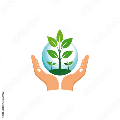 Human Hands Holding Growing Sapling inside Water Bubble or Globe is suitable for graphic design.
