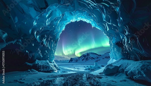 Stunning view of the Aurora Borealis through a glowing icy cave entrance in a snowy landscape