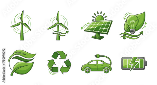 Collection of Green Eco-Friendly Energy and Sustainability Icons.