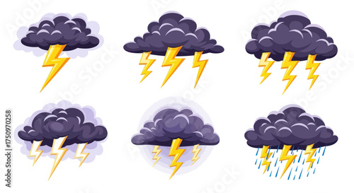 Cartoon Thunderstorm Clouds with Lightning Bolts and Rain.