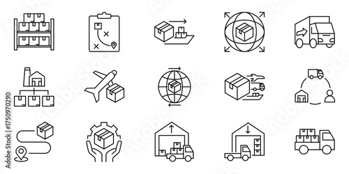 Logistics and Supply Chain Icons Transportation, Delivery, and Global Distribution, Stock Photos
