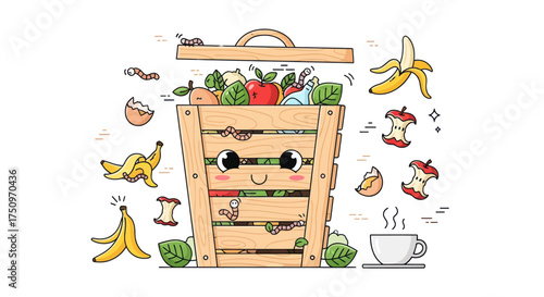 Happy Face Cartoon Wooden Composter with Organic Food Scraps.
