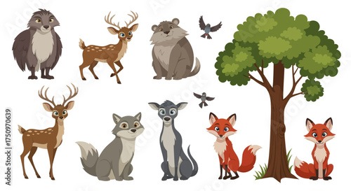 A Collection of Adorable Forest Animals and a Tree.