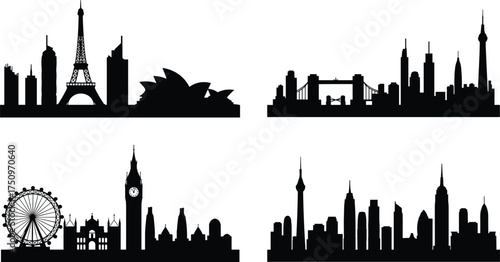 World city skyline vector silhouettes featuring Eiffel Tower, Sydney Opera House, Shanghai Oriental Pearl Tower, London Big Ben, New York Empire State