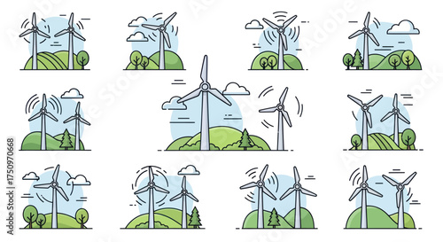 Collection of stylized wind turbines on rolling green hills under a cloudy sky.