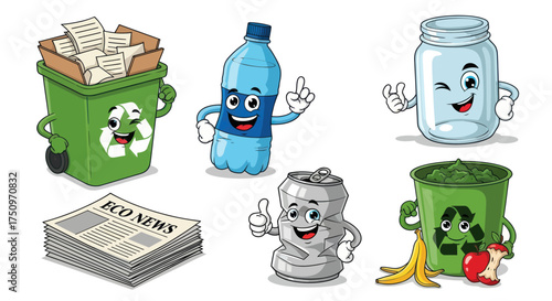 Cartoon Characters Representing Recyclable Items and Waste.