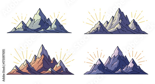 Four Mountain Range Illustrations with Peaks and Sunlight.