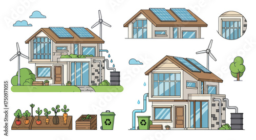 Eco-friendly houses with solar panels and wind turbines.