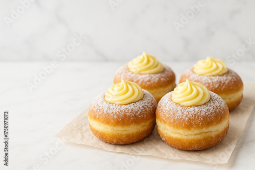 Cream-Filled Bomboloni Doughnuts on Marble Background