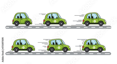 Six Green Cartoon Cars Moving on Gray Roads with Motion Lines.