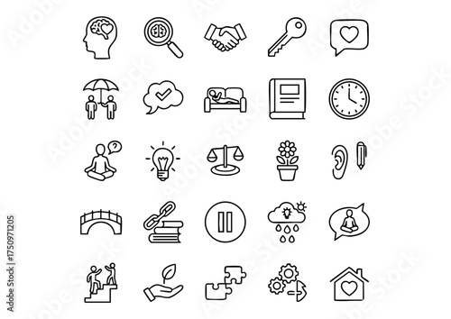 Mental Health & Wellness: Vector Therapy Icons, Therapist Toolkit: Minimalist Black and White Counseling Symbols, Psychology and Mind: Outline Icons for Healing and Growth