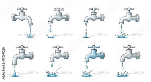 Cartoon Water Faucets Dripping Water Set Illustration.