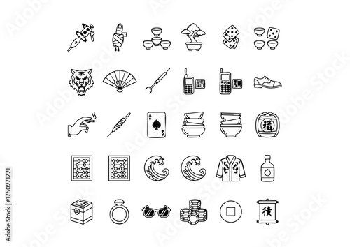 Yakuza Crime Syndicate: Vector Line Icons, Japanese Underworld: Black and White Icons of the Yakuza, Gokudō Culture: Minimalist Vector Symbols