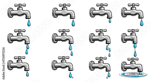 A collection of illustrated silver water faucets showing a dripping water sequence animation.
