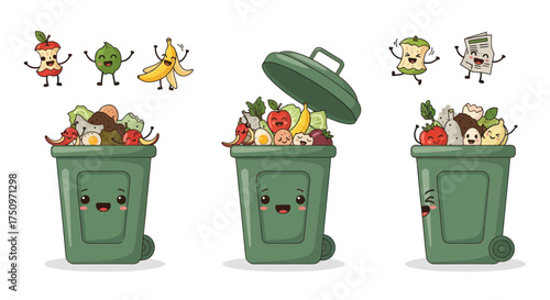 Three cartoon green trash cans overflowing with colorful fruits and vegetables with animated food characters dancing above.