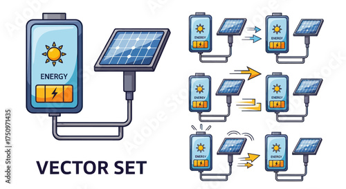 Solar Panel Charging Battery Vector Set Illustration.