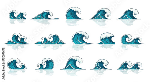 Collection of Diverse Ocean Waves in Various Sizes and Forms.