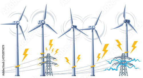 Multiple wind turbines generating electricity connected to power lines and substations.