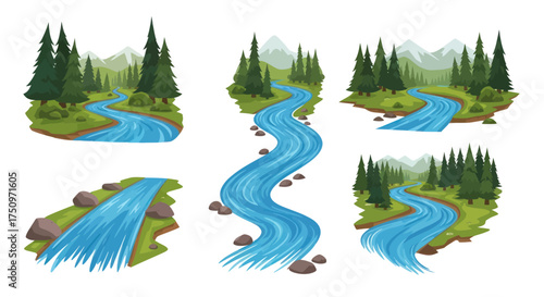 Illustrated Rivers Flowing Through Lush Green Forests.