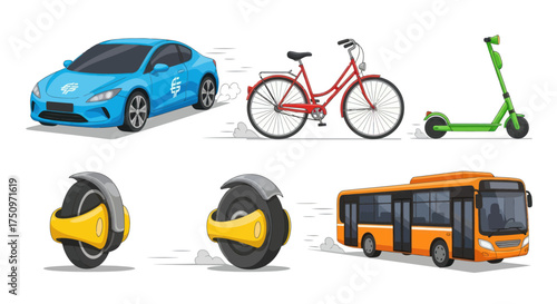 Collection of Various Transportation Vehicles: Car Bicycle Scooter Unicycle and Bus.