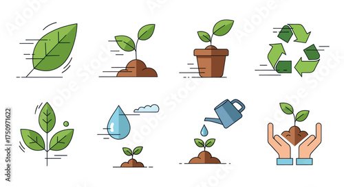 Set of Ecology and Environmental Icons with Plants Recycling and Water.