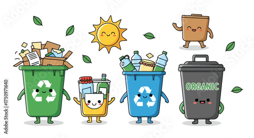 Adorable cartoon recycling and organic waste bins promoting environmental sorting.
