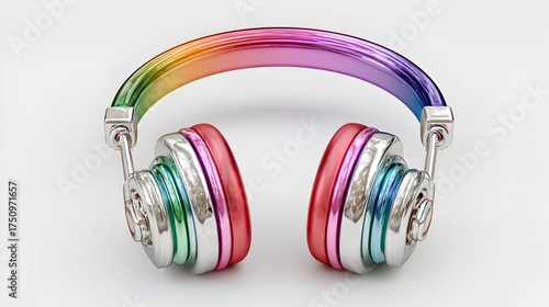 Shiny rainbow headphones on a white background for music, audio, and pride concepts