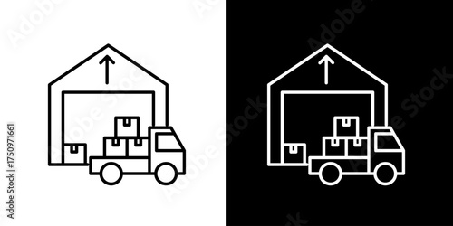 Vector outline icon depicting a logistics operation with a delivery truck loading goods at a warehouse, perfect for illustrating supply chain and freight services