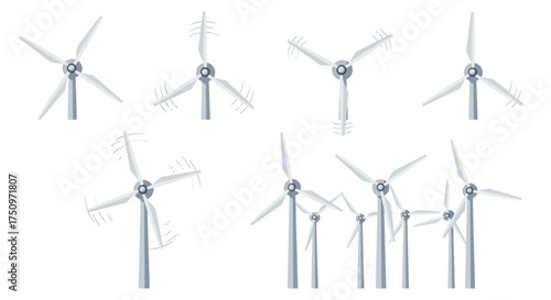 A collection of modern white wind turbines and wind farm generators shown from multiple angles and perspectives.