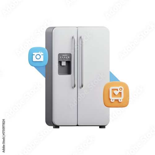 Modern refrigerator with camera and gallery icons isolated on transparent background is a sleek appliance