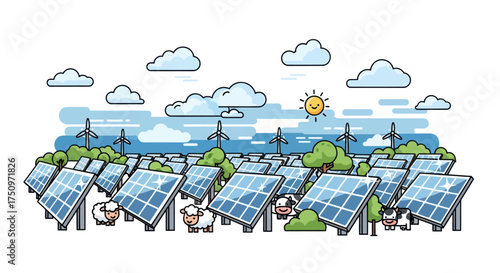 A vibrant illustration of a solar farm with wind turbines and grazing sheep under a sunny sky.