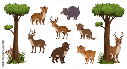 Diverse Wild Forest Animals Illustration Set with Deer and Boar.