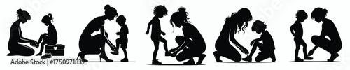 vector silhouette of mother helping child to lace up shoes