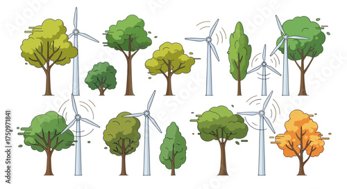 Wind Turbines and Trees: A Sustainable Energy Landscape with Green Foliage.